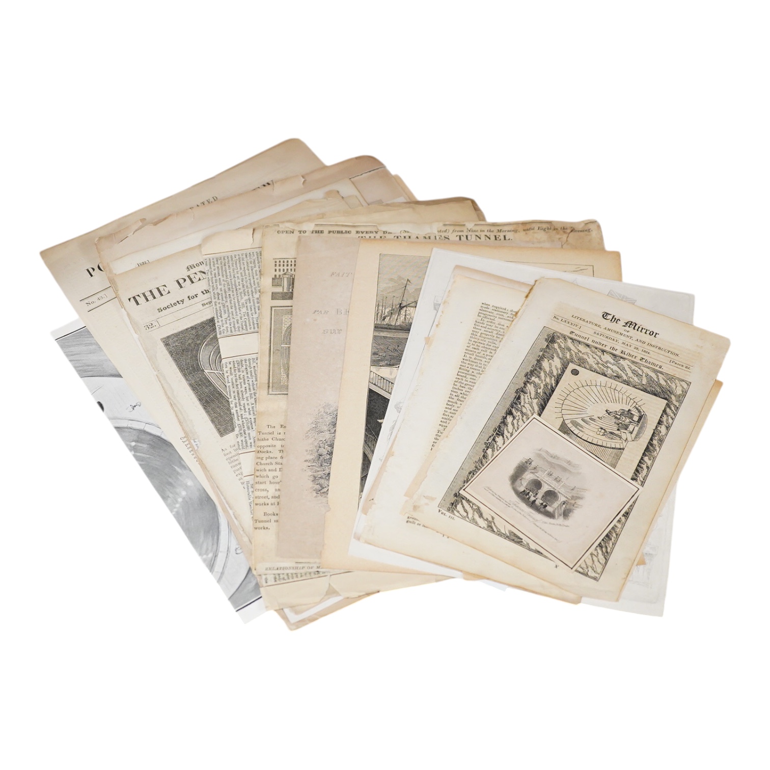 A collection of early to mid 19th century newspaper cuttings and engravings related to Marc Brunel’s Thames Tunnel, including contemporary reports and French reports, The Mirror, dated Saturday May 22, 1824, a contempora